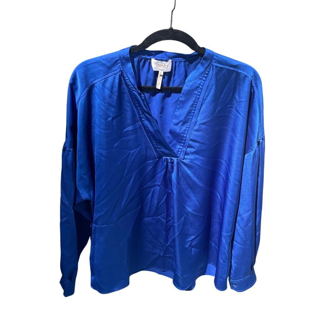 Laundry by Shelli Segal Blue Blouse Top XL V-neck Surf the Web Satin Feel Flowy